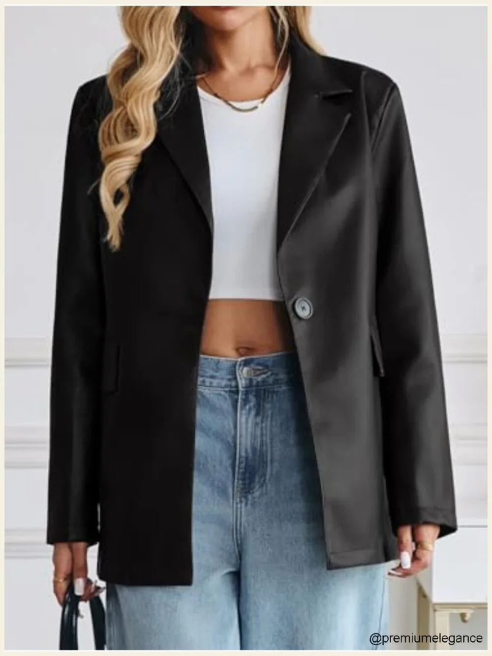 Womens Faux Leather Blazer Jacket Oversized Button Down Notched Lapel Fall